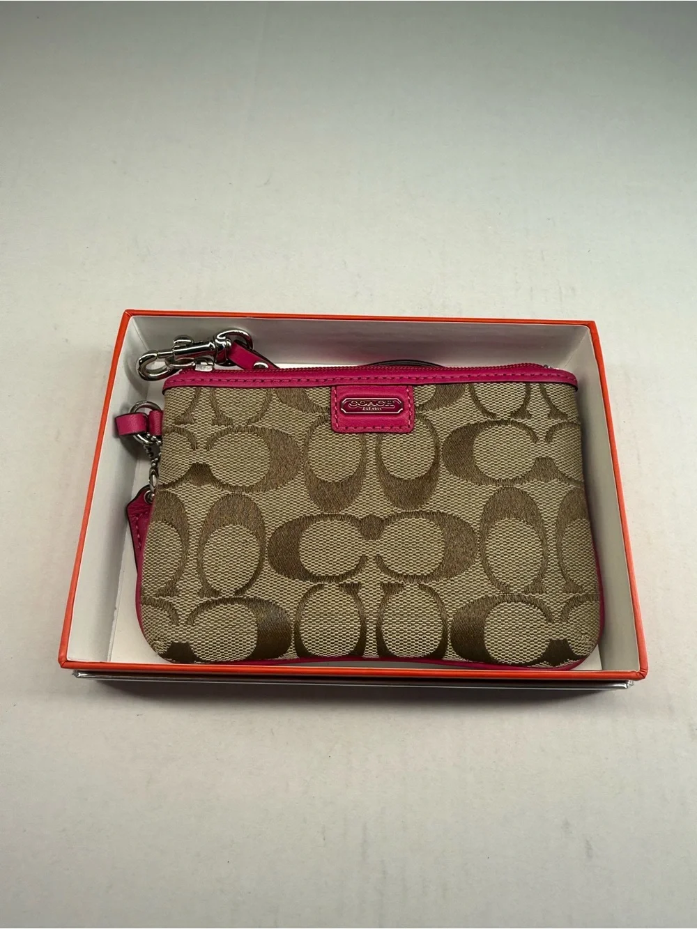 Coach Tan Signature Canvas Wristlet with Hot Pink Trim
